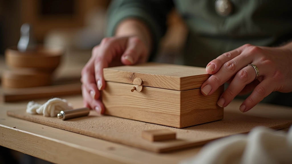 Skilled hands working on handmade wooden keepsake box in workshop