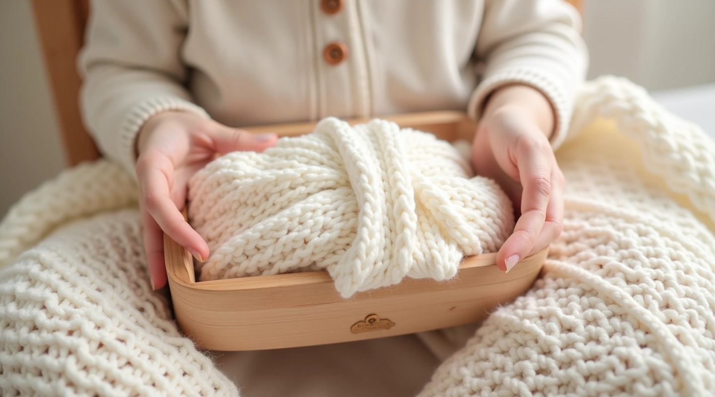 Handmade keepsake box with knitted blanket displayed on soft neutral background
