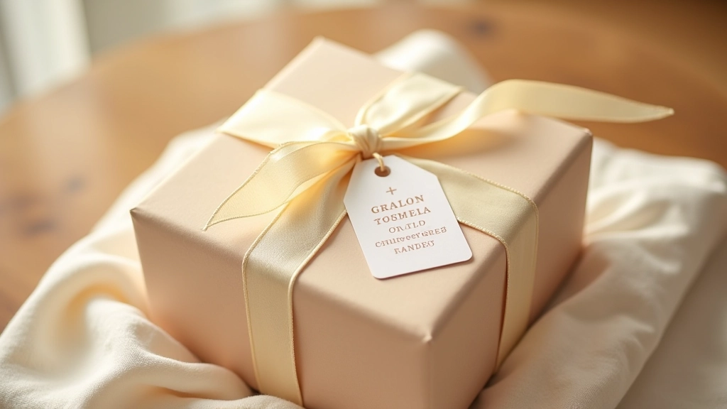 Gift box presentation with handmade items, ribbons, and personalization elements on wooden table