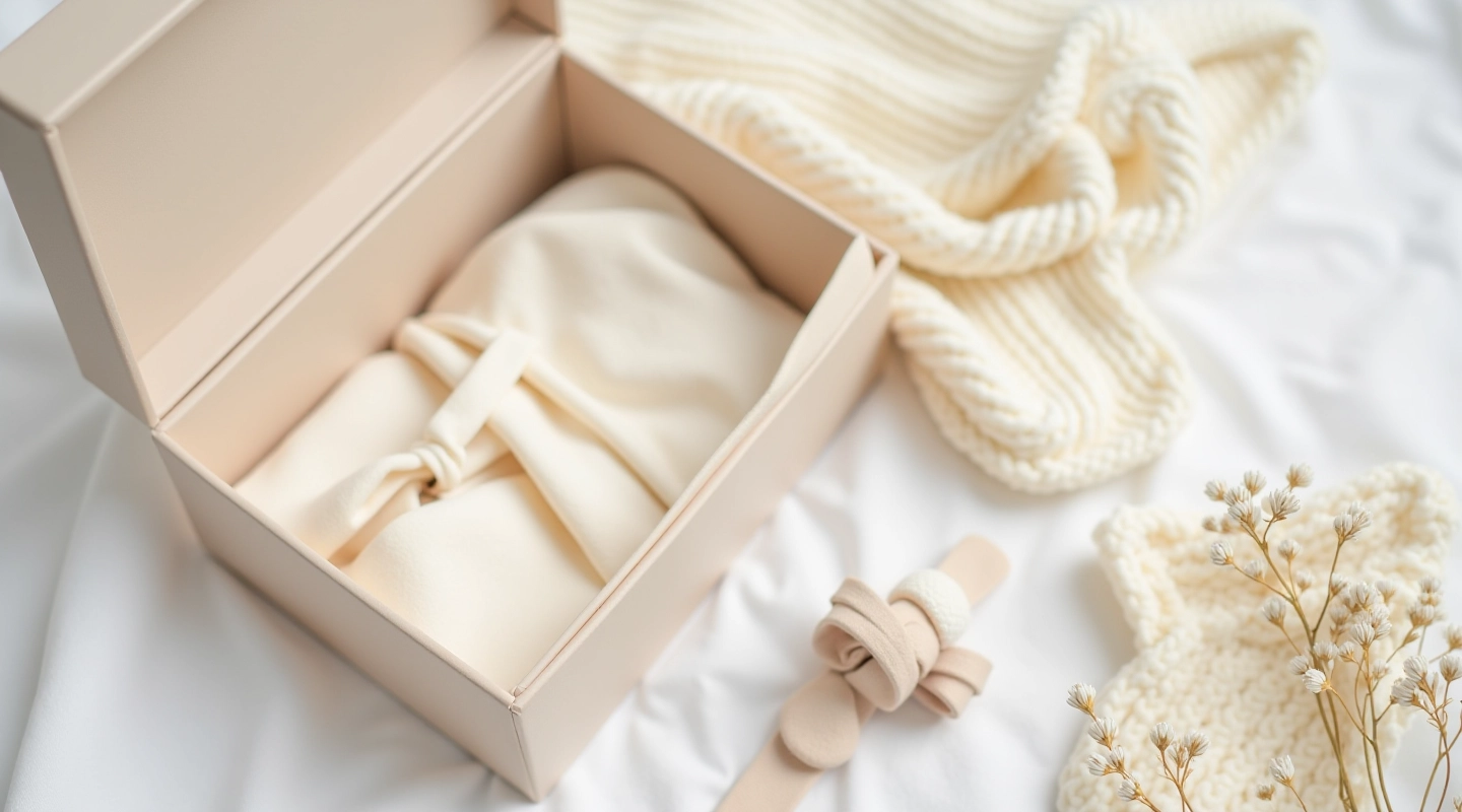 Handmade keepsake box with soft fabrics and memory pockets arranged on white linen