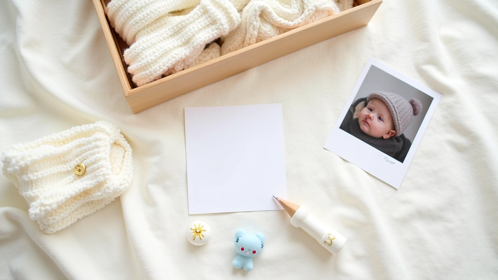 Flat lay arrangement of various keepsake items including baby clothing, photos, and handwritten notes on a neutral background