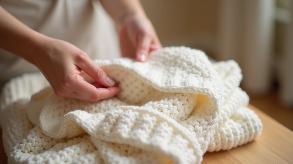 Parent folding handmade baby blanket with embroidered details, demonstrating practical use and washability