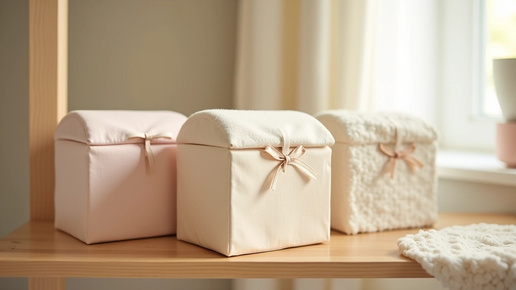 Multiple handmade keepsake boxes displayed on a shelf showing different fabric colors and textures available